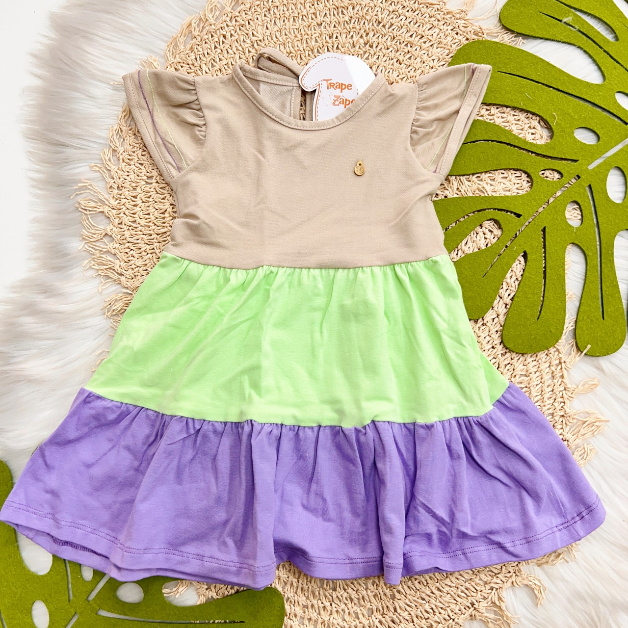 Vestido Três Marias - Bege, Verde e Lilás